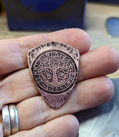 copper shield guitar pick with tree of life