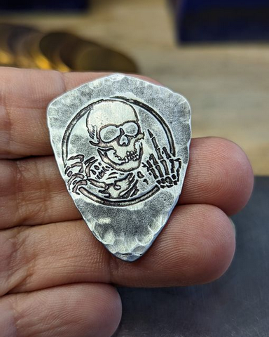sterling silver guitar pick with skeleton flipping you off - playable