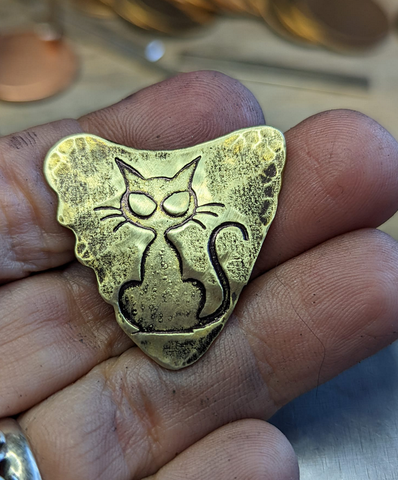 brass shark tooth guitar pick with cat - Halloween cat - playable