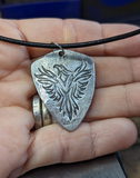 sterling silver shield guitar pick with Phoenix - playable