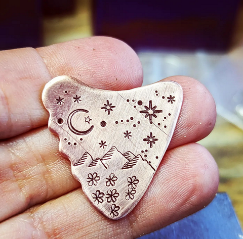 copper guitar pick - shark tooth - playable with mountains , moon and stars