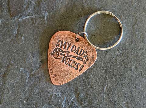 copper guitar pick keyring - my dad rocks - original - playable pick - fathers day gift