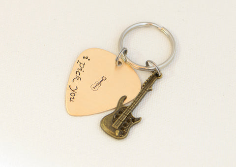 I pick you bronze guitar pick keychain with brass guitar charm