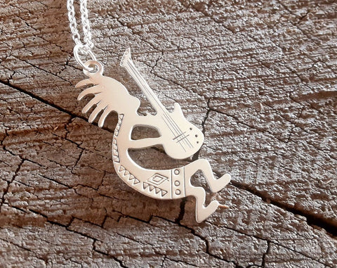 Kokopelli with guitar sterling necklace - Rock ON !!