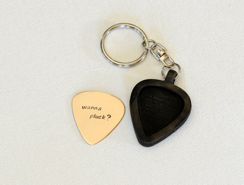 Wanna Pluck Bronze Guitar Pick Keychain in Rubber Holder