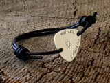 Leather and Sterling Silver Guitar Pick Bracelet Stamped with I Plucking Love You