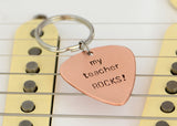 My teacher rocks guitar pick keychain in copper