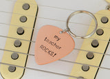 My teacher rocks guitar pick keychain in copper