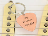 My teacher rocks guitar pick keychain in copper