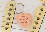My teacher rocks guitar pick keychain in copper