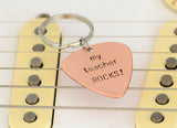 My teacher rocks guitar pick keychain in copper