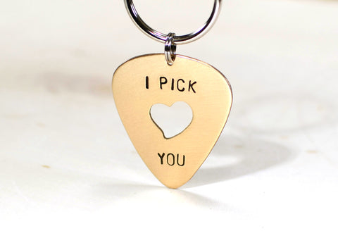 Bronze Guitar Pick Key Chain I Pick You with Heart Cut Out