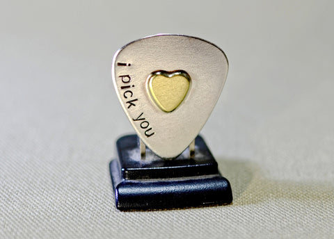 Sterling silver guitar pick with I Pick You and brass heart