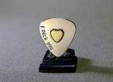 Sterling silver guitar pick with I Pick You and brass heart