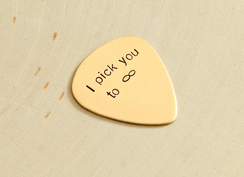 Infinity Guitar Pick in Bronze for Everlasting Love and Hand Stamped with I Pick You