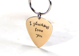 Bronze guitar pick keychain with I plucking love you