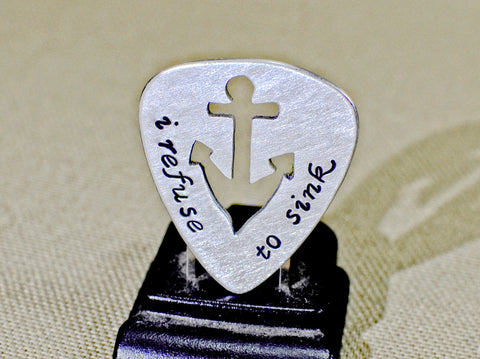 Refuse to sink sterling silver guitar pick with anchor cut out
