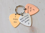 Three metal guitar pick keychain for you to personalize
