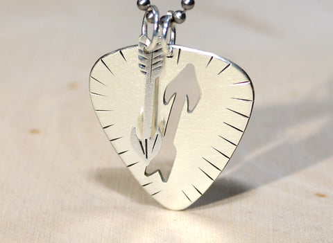 Sterling silver guitar pick necklace with arrow pendant