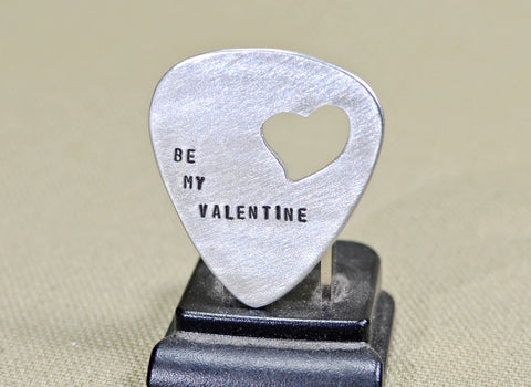 Be my Valentine aluminum guitar pick with a heart cut out