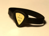 Guitar Pick Holder Wrist Band with Custom Bronze I Pick You Guitar Pick or any Message of your Choosing