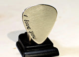 Sterling silver guitar pick with a fancy I love you for Valentines Day