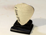 Sterling silver guitar pick with a fancy I love you for Valentines Day