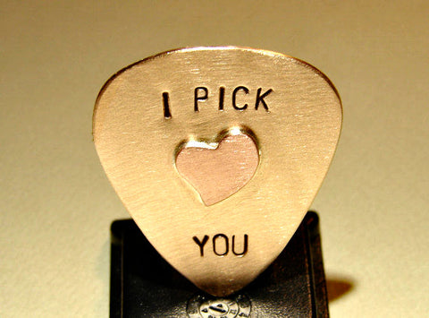 Bronze Guitar Pick with I Pick You and Special Copper Heart