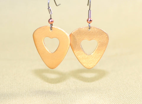 Bronze guitar pick dangle earrings with hearts