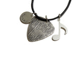Sterling Silver Guitar Pick Necklace with Music Note and Personalized Disc Charm