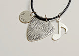 Sterling Silver Guitar Pick Necklace with Music Note and Personalized Disc Charm