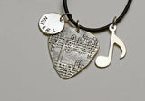 Sterling Silver Guitar Pick Necklace with Music Note and Personalized Disc Charm
