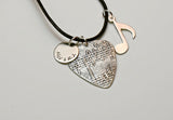 Sterling Silver Guitar Pick Necklace with Music Note and Personalized Disc Charm