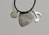 Sterling Silver Guitar Pick Necklace with Music Note and Personalized Disc Charm