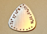 Latitude longitude guitar pick handmade in aluminum and personalized with coordinates