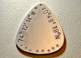 Latitude longitude guitar pick handmade in aluminum and personalized with coordinates