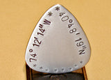 Latitude longitude guitar pick handmade in aluminum and personalized with coordinates