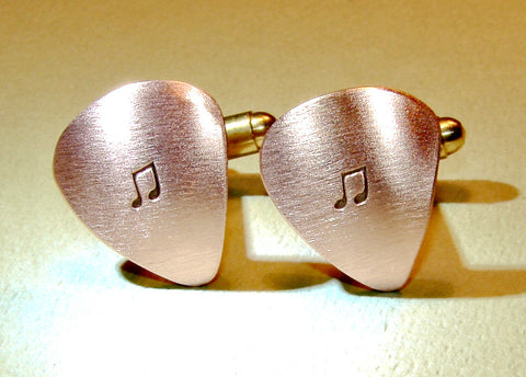 Guitar pick cuff links handmade from copper with music notes