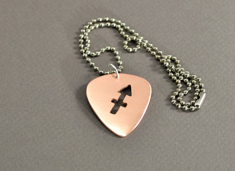 Copper guitar pick necklace with zodiac sign