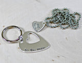Guitar pick couples keychain and necklace with love to the moon and back in sterling silver