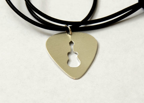 Guitar Pick Bronze Necklace with Handsawed Guitar Cut Out and Space to Personalize