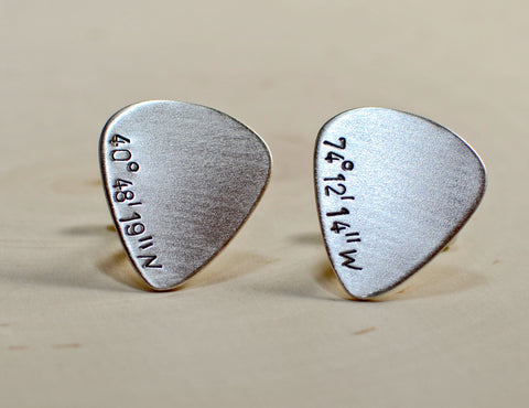 Sterling silver coordinate guitar pick cuff links with latitude and lo ...