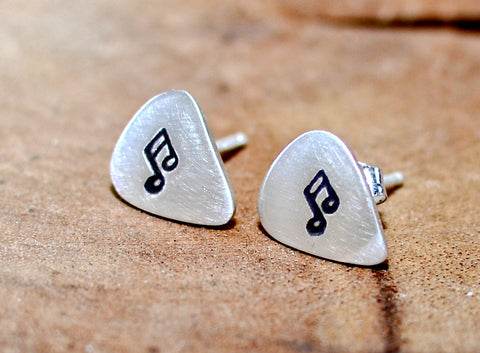 Guitar Pick Stud Earrings Handmade from Sterling Silver with Music Notes