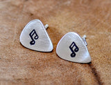 Guitar Pick Stud Earrings Handmade from Sterling Silver with Music Notes