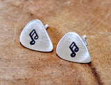 Guitar Pick Stud Earrings Handmade from Sterling Silver with Music Notes