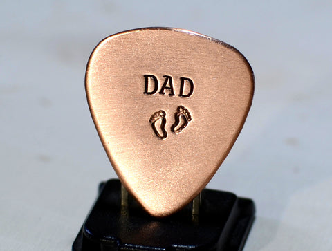 Copper Guitar Pick for a Dad to Be or Fathers Day Stamped with Baby Feet