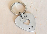 Guitar Pick Key Chain I Pick You with Heart Cut Out