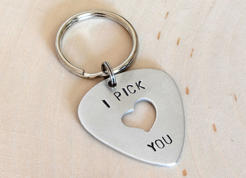 Guitar Pick Key Chain I Pick You with Heart Cut Out
