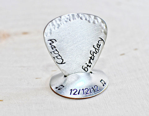 Happy birthday sterling silver guitar pick and stand with hammered edge