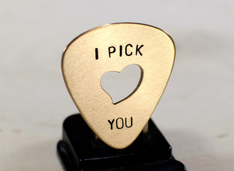 14k Gold Guitar Pick Handmade with I Pick you and Heart Cut Out